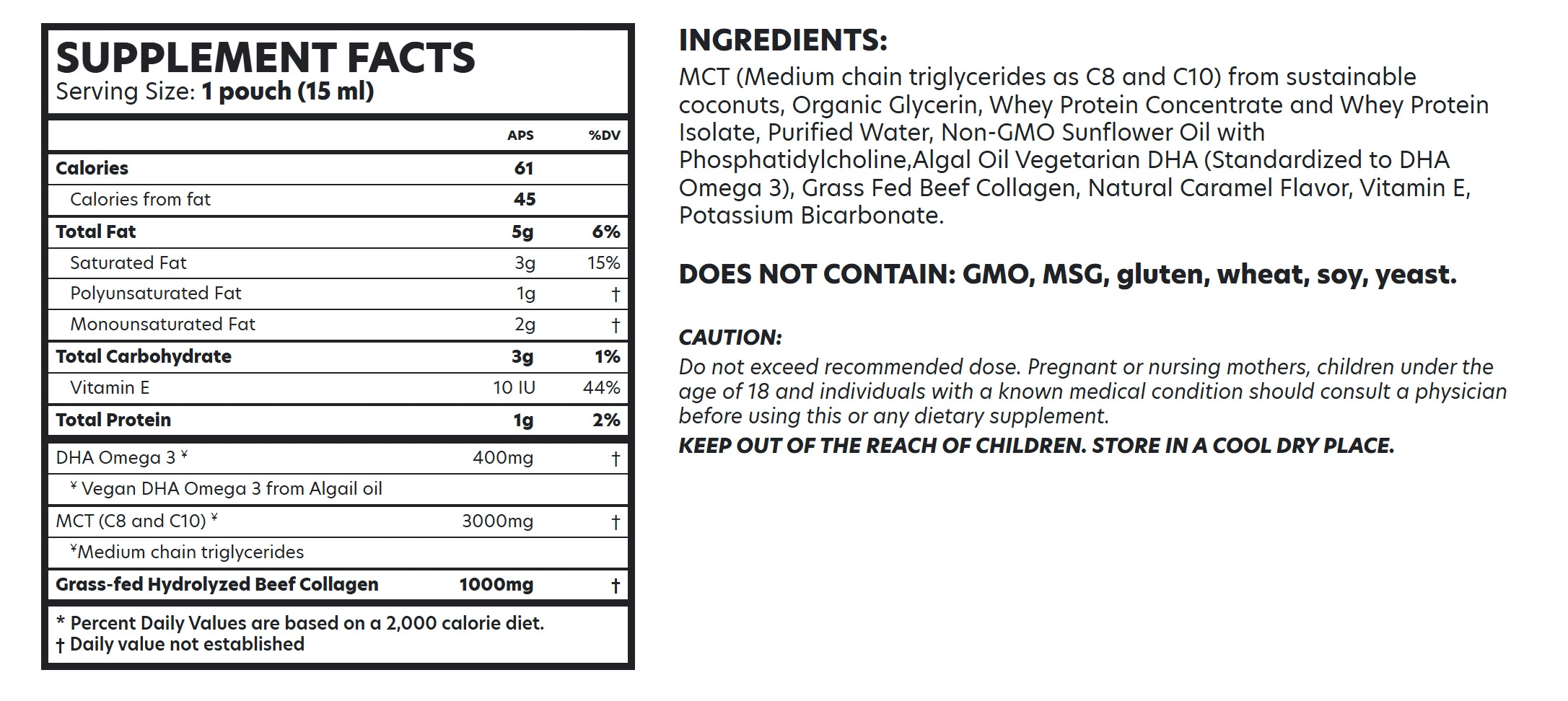 Complete Collagen Plus supplement facts label showing MCT, algal DHA, collagen and Vitamin E dosages